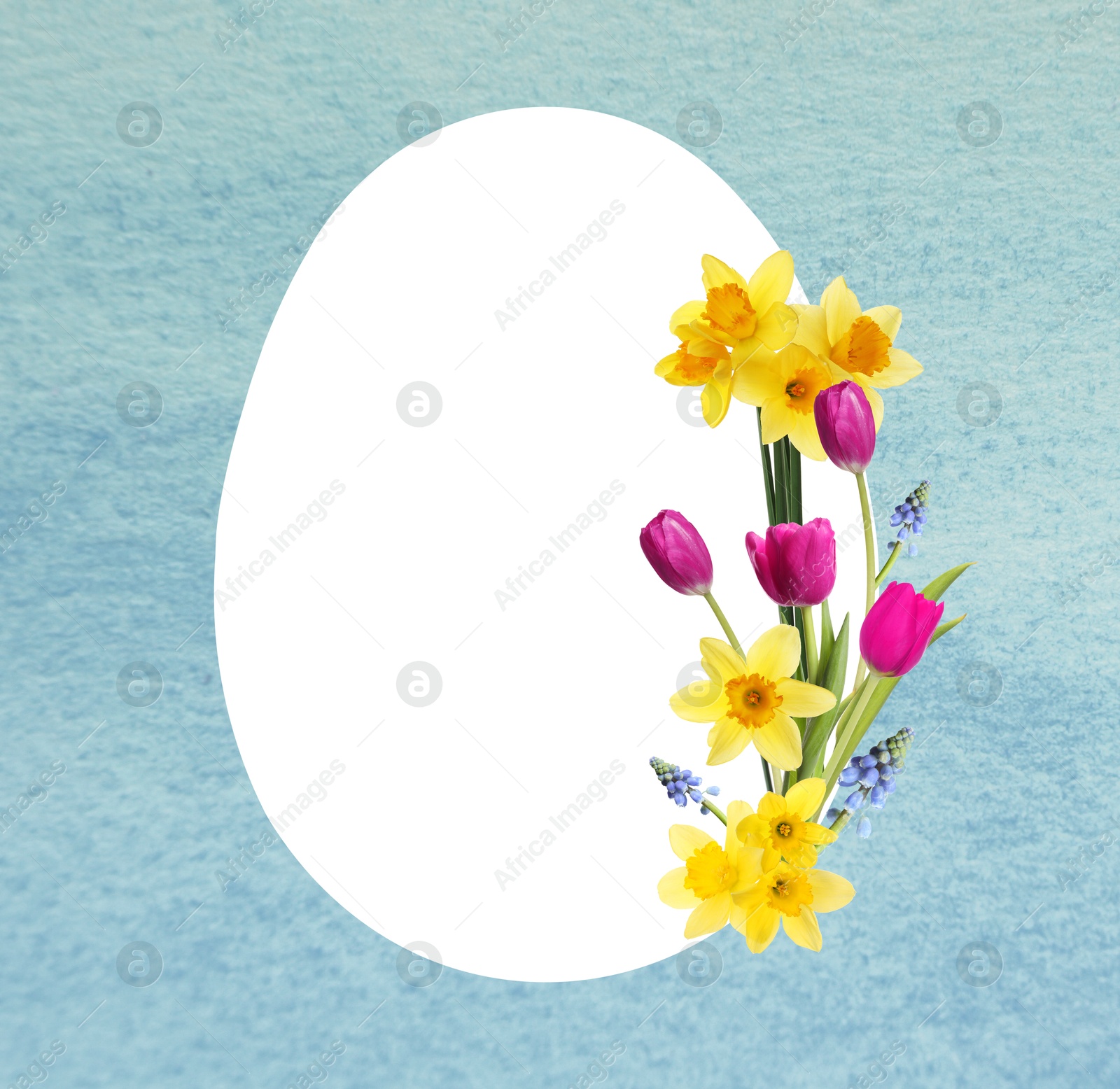 Image of Happy Easter greeting card. Egg-shaped outline with beautiful spring flowers on light blue watercolor background