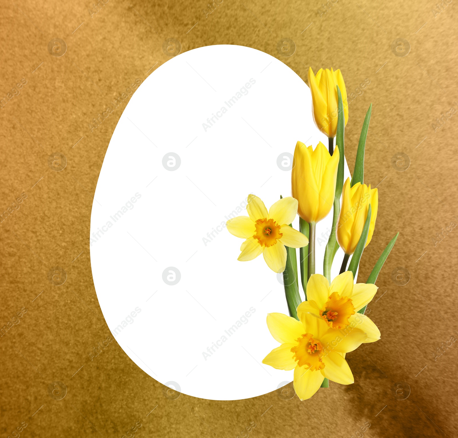 Image of Happy Easter greeting card. Egg-shaped outline with beautiful spring flowers on golden watercolor background