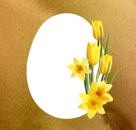 Image of Happy Easter greeting card. Egg-shaped outline with beautiful spring flowers on golden watercolor background