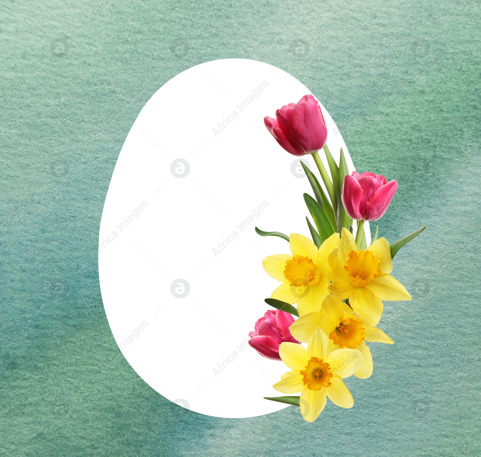 Image of Happy Easter greeting card. Egg-shaped outline with beautiful spring flowers on turquoise watercolor background