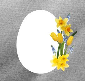 Image of Happy Easter greeting card. Egg-shaped outline with beautiful spring flowers on grey watercolor background