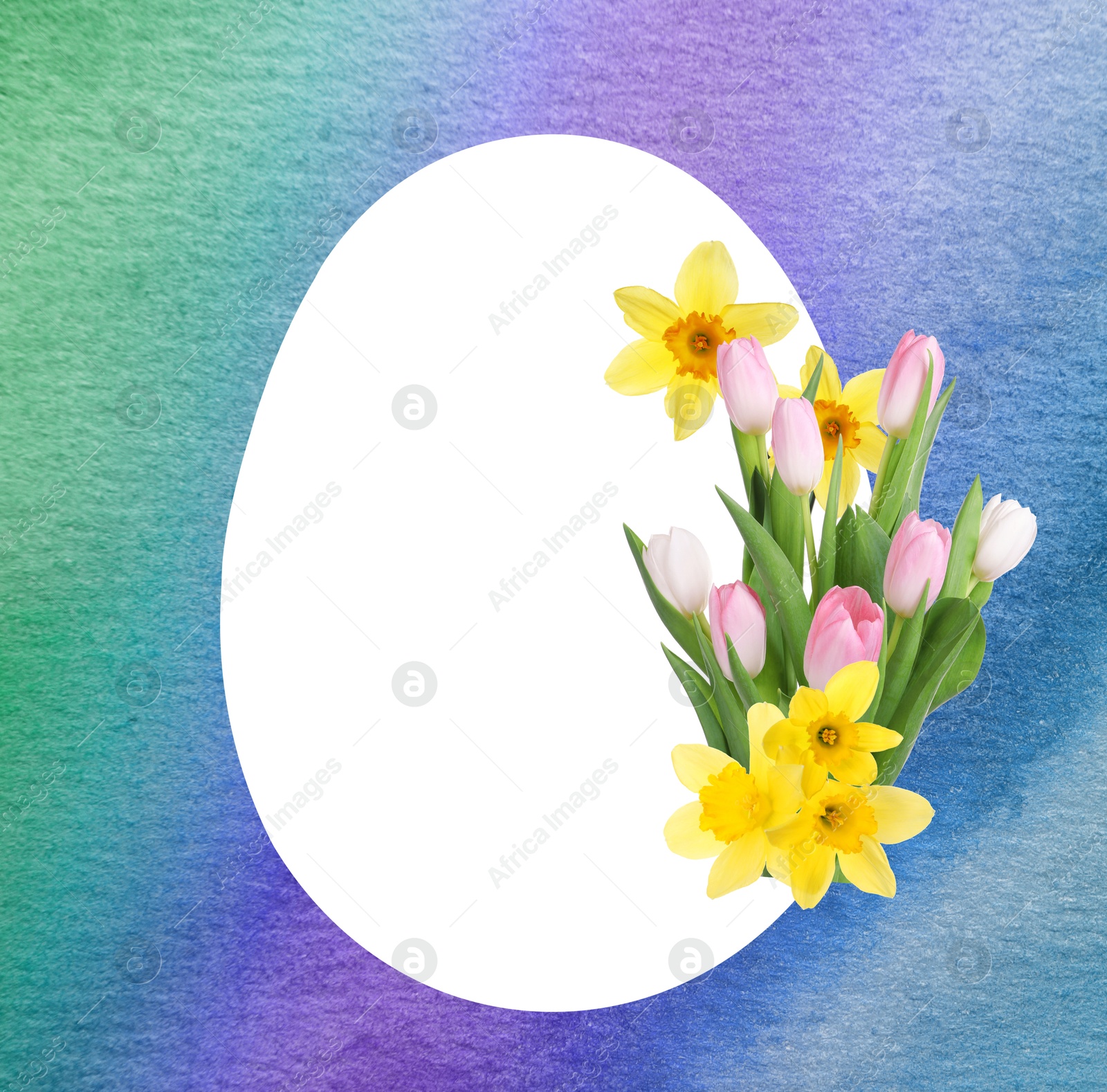 Image of Happy Easter greeting card. Egg-shaped outline with beautiful spring flowers on blue watercolor background