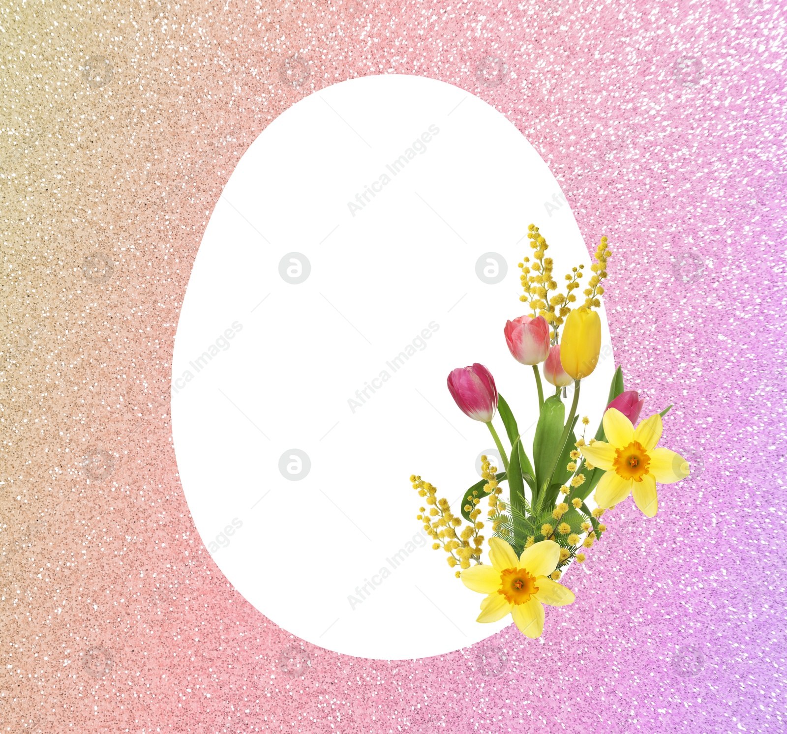 Image of Happy Easter greeting card. Egg-shaped outline with beautiful spring flowers on shiny pink gradient background