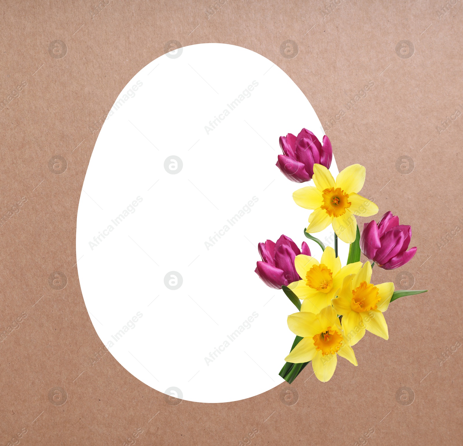 Image of Happy Easter greeting card. Egg-shaped outline with beautiful spring flowers on dark beige background