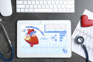 Image of Cardiology. Doctor's workplace with stethoscope and tablet computer on grey textured table, top view. Data on device screen