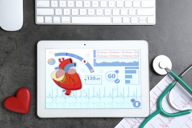 Image of Cardiology. Doctor's workplace with stethoscope and tablet computer on grey textured table, top view. Data on device screen