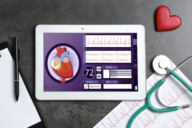 Image of Cardiology. Doctor's workplace with stethoscope and tablet computer on grey textured table, top view. Data on device screen