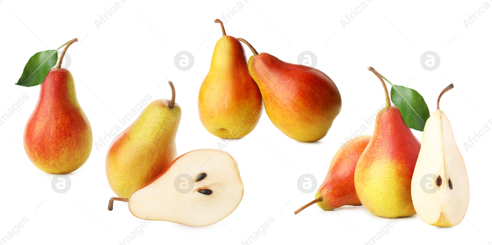 Image of Fresh ripe pears isolated on white, set