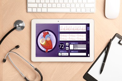 Image of Cardiology. Doctor's workplace with stethoscope and tablet computer on wooden table, top view. Data on device screen