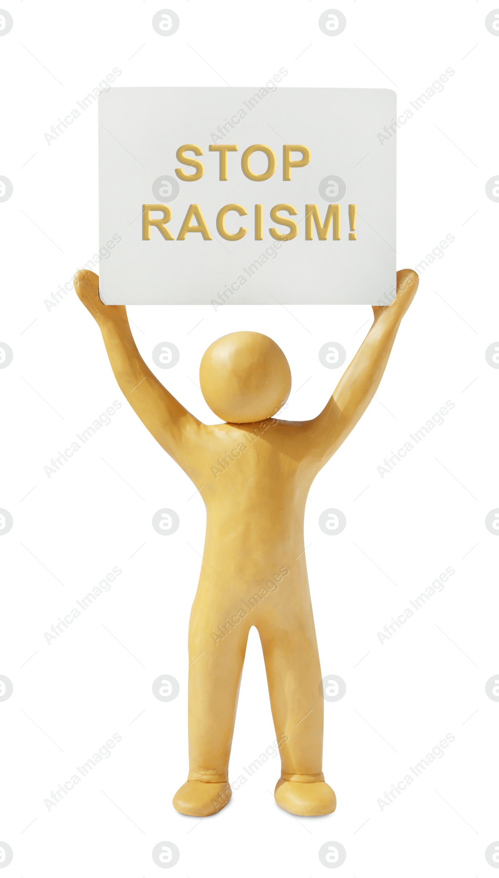 Image of Stop racism. Yellow plasticine man holding poster on white background