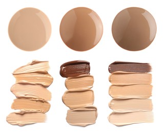 Image of Liquid foundation of different shades. Samples on white background, set