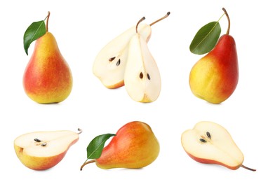 Image of Fresh ripe pears isolated on white, set