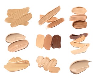 Image of Liquid foundation of different shades. Samples on white background, set