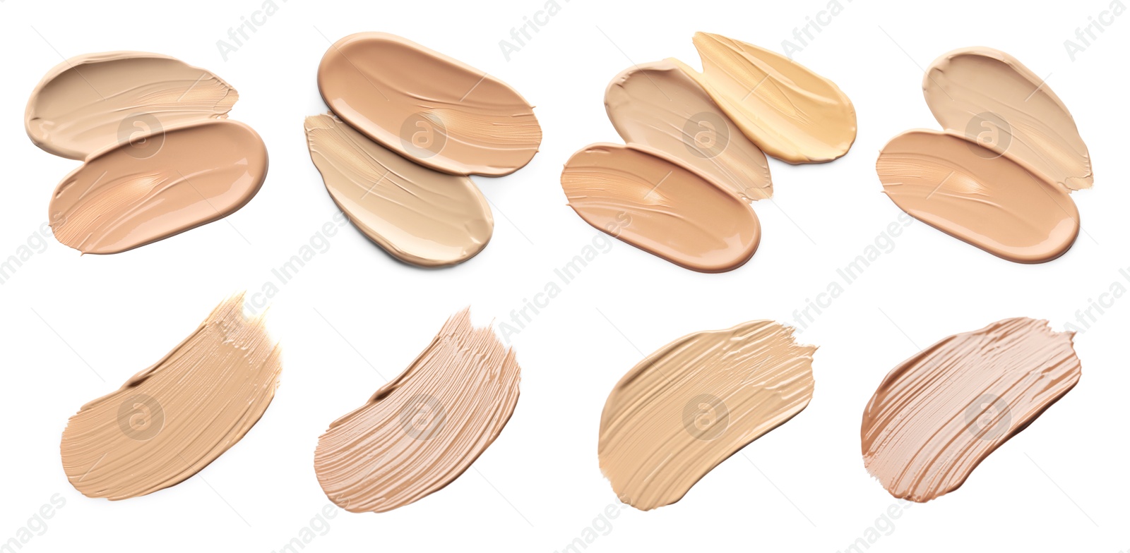 Image of Liquid foundation of different shades. Samples on white background, set