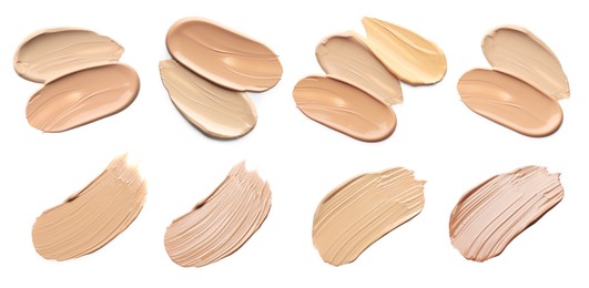 Image of Liquid foundation of different shades. Samples on white background, set