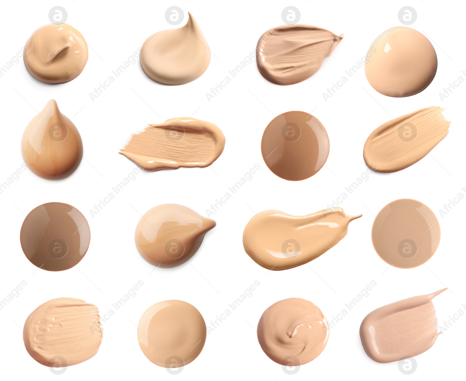 Image of Liquid foundation of different shades. Samples on white background, set