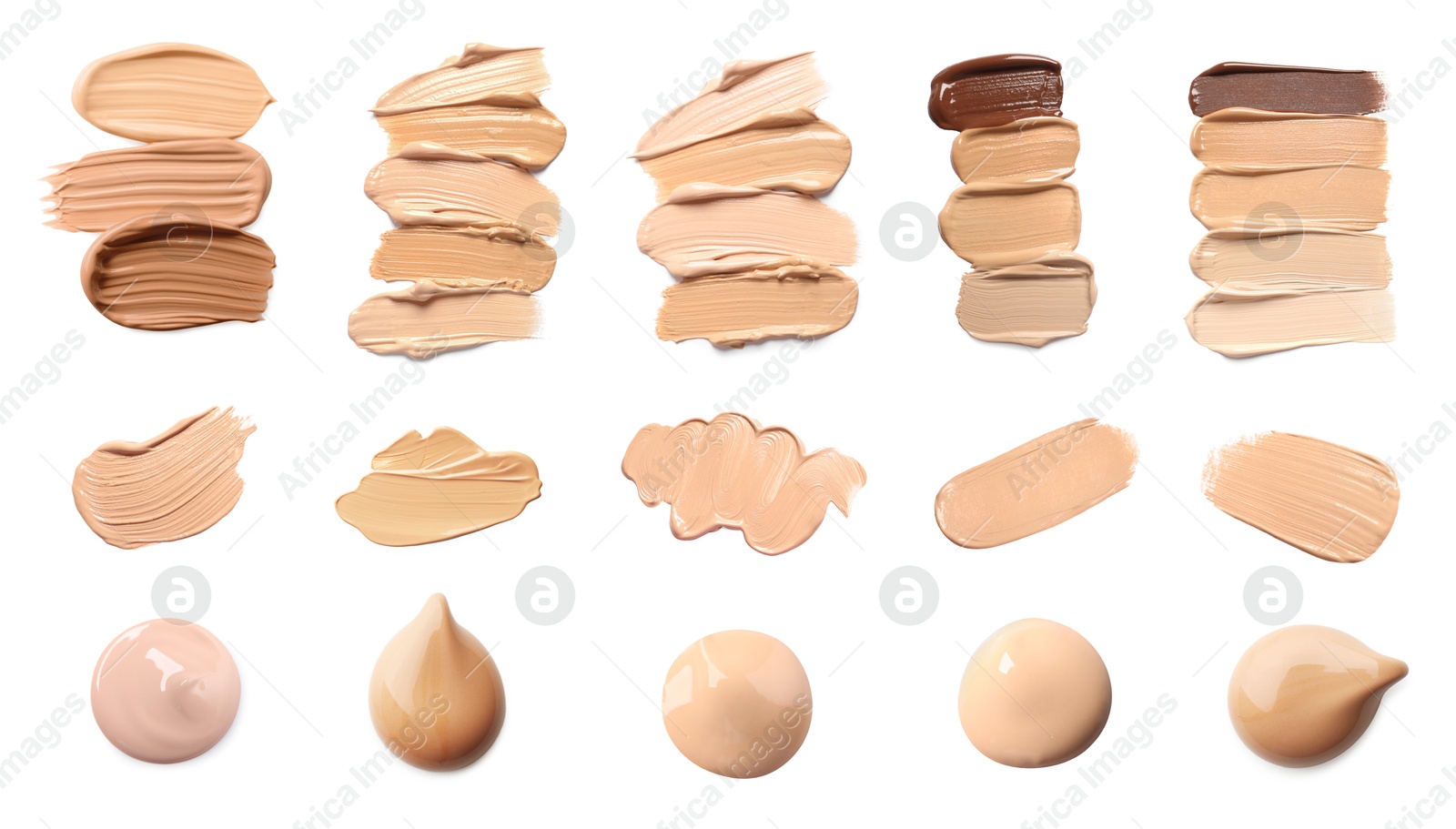 Image of Liquid foundation of different shades. Samples on white background, set