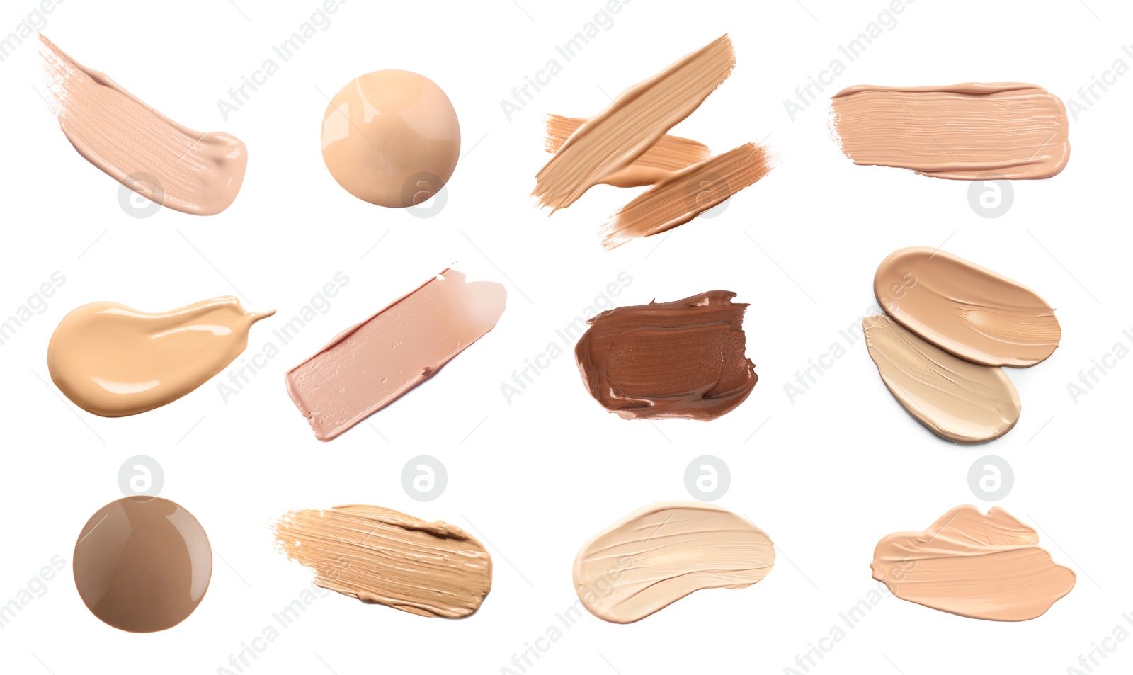 Image of Liquid foundation of different shades. Samples on white background, set