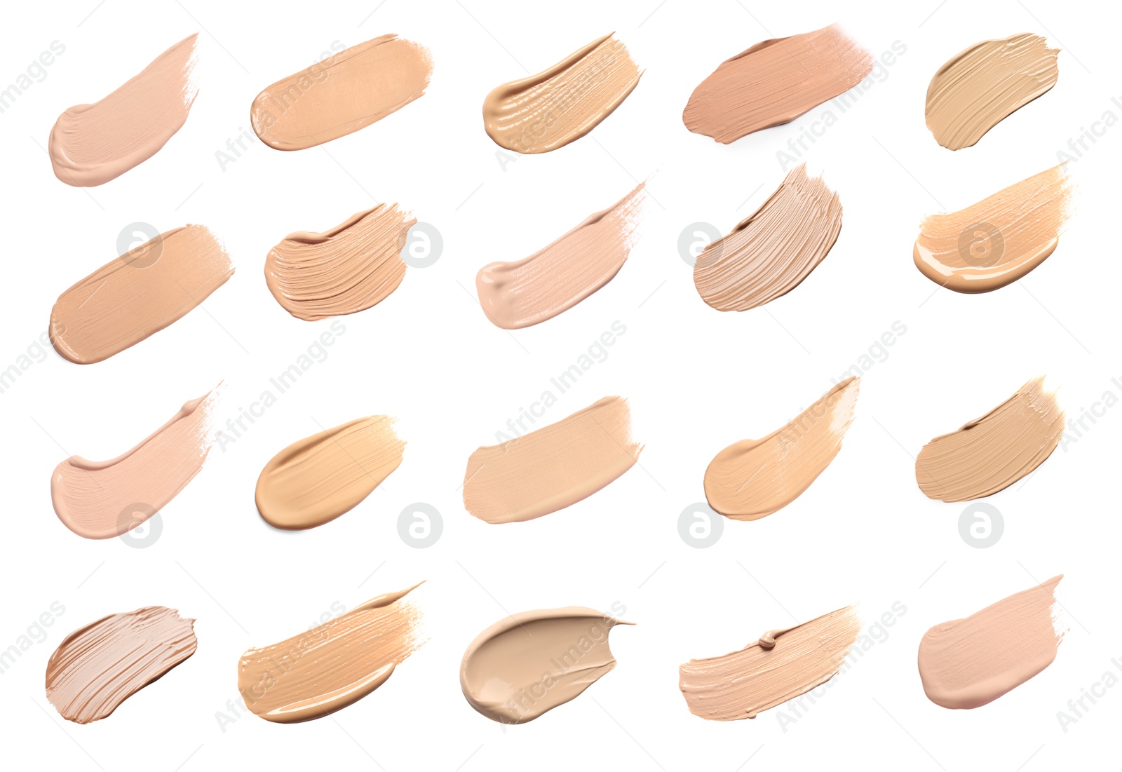 Image of Liquid foundation of different shades. Samples on white background, set