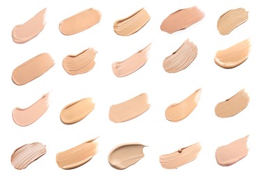 Image of Liquid foundation of different shades. Samples on white background, set