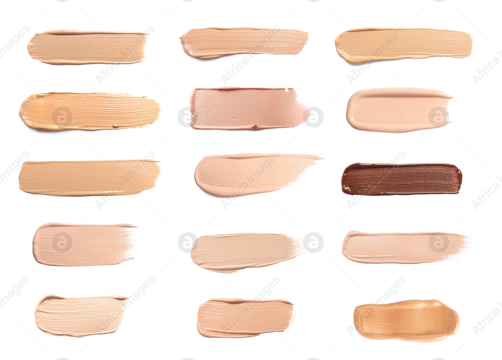 Image of Liquid foundation of different shades. Samples on white background, set