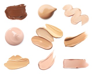 Image of Liquid foundation of different shades. Samples on white background, set