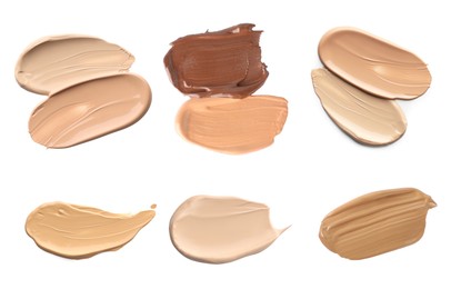 Image of Liquid foundation of different shades. Samples on white background, set