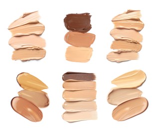 Image of Liquid foundation of different shades. Samples on white background, set