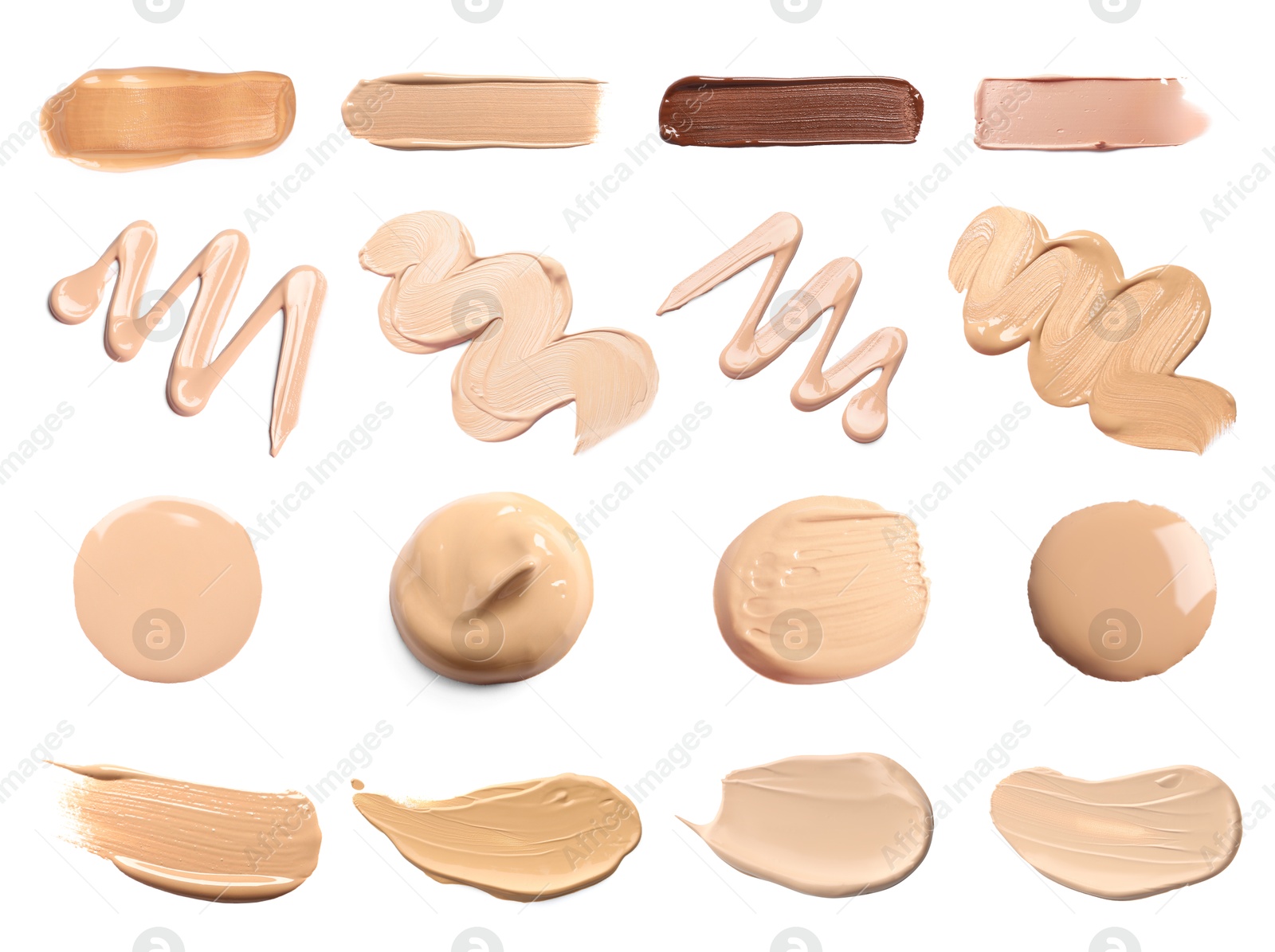 Image of Liquid foundation of different shades. Samples on white background, set