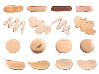 Image of Liquid foundation of different shades. Samples on white background, set