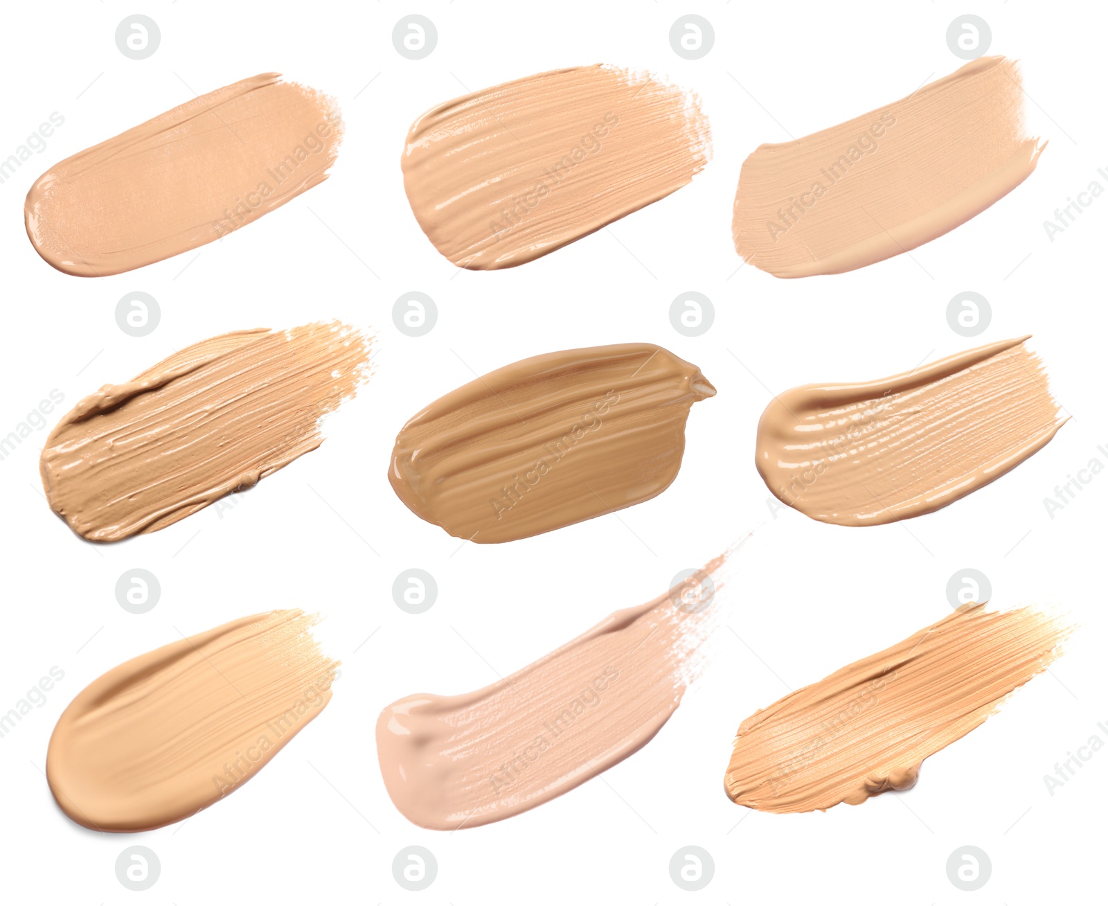 Image of Liquid foundation of different shades. Samples on white background, set