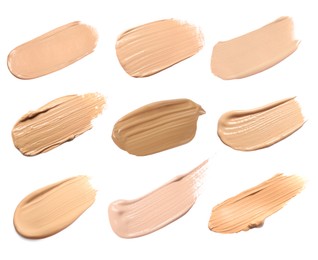 Image of Liquid foundation of different shades. Samples on white background, set