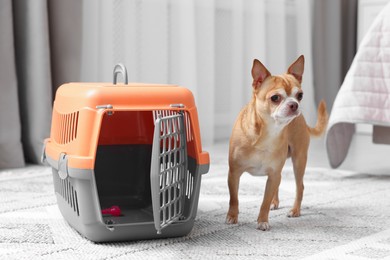 Photo of Adorable dog and pet carrier on floor indoors