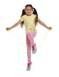 Photo of Cute little girl with jump rope on white background