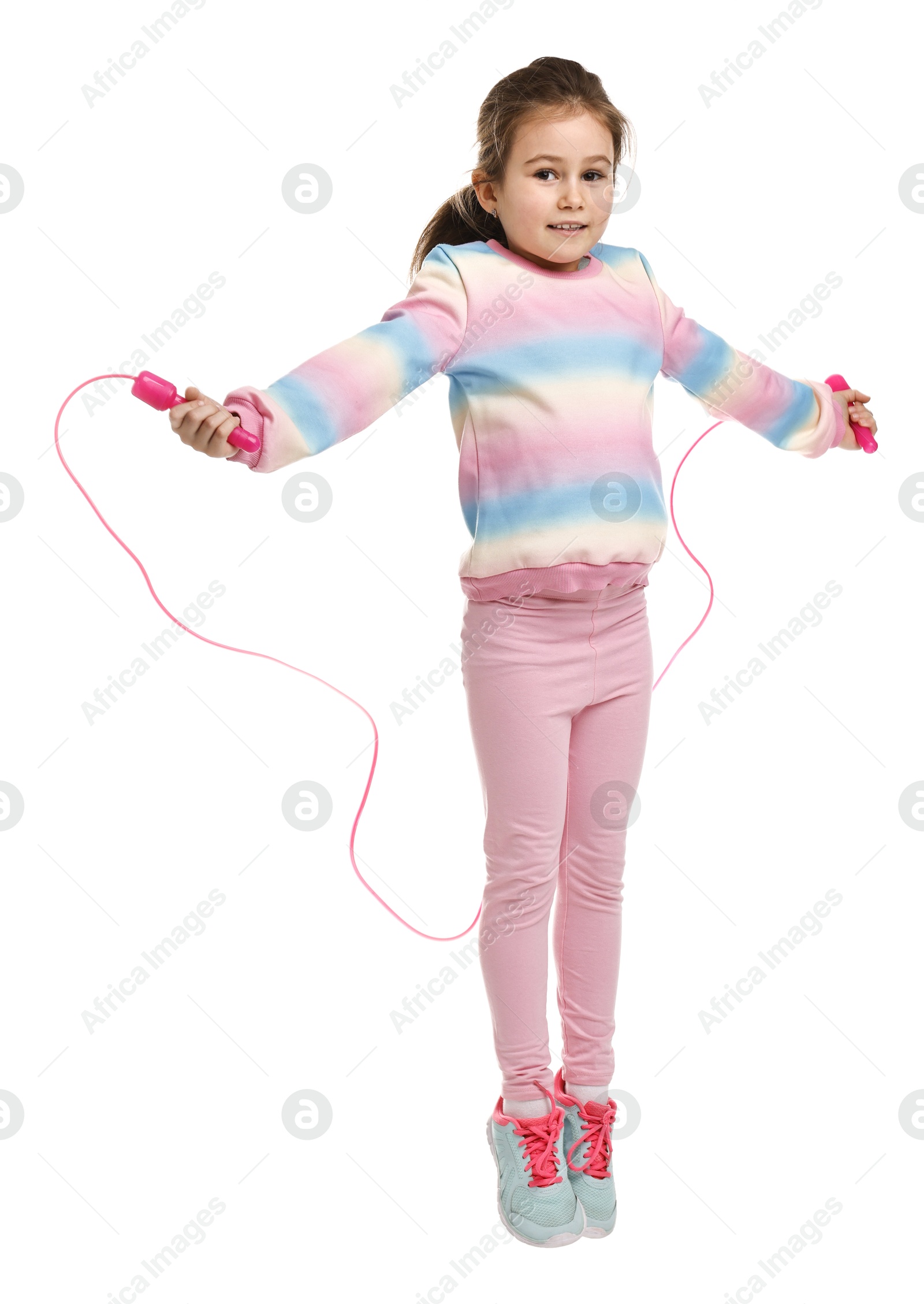 Photo of Cute little girl with jump rope on white background