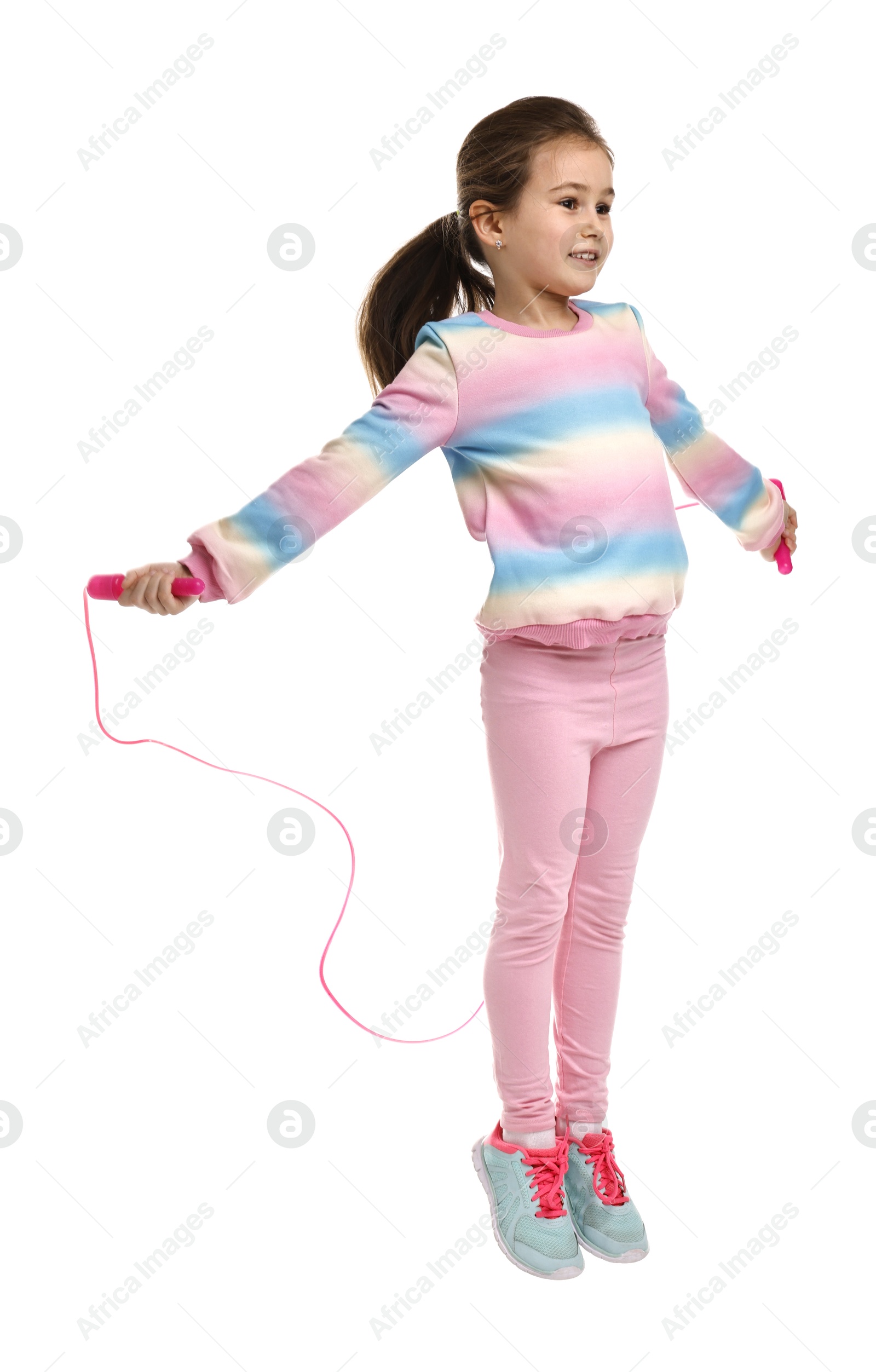 Photo of Cute little girl with jump rope on white background