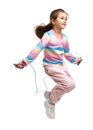 Photo of Cute little girl with jump rope on white background