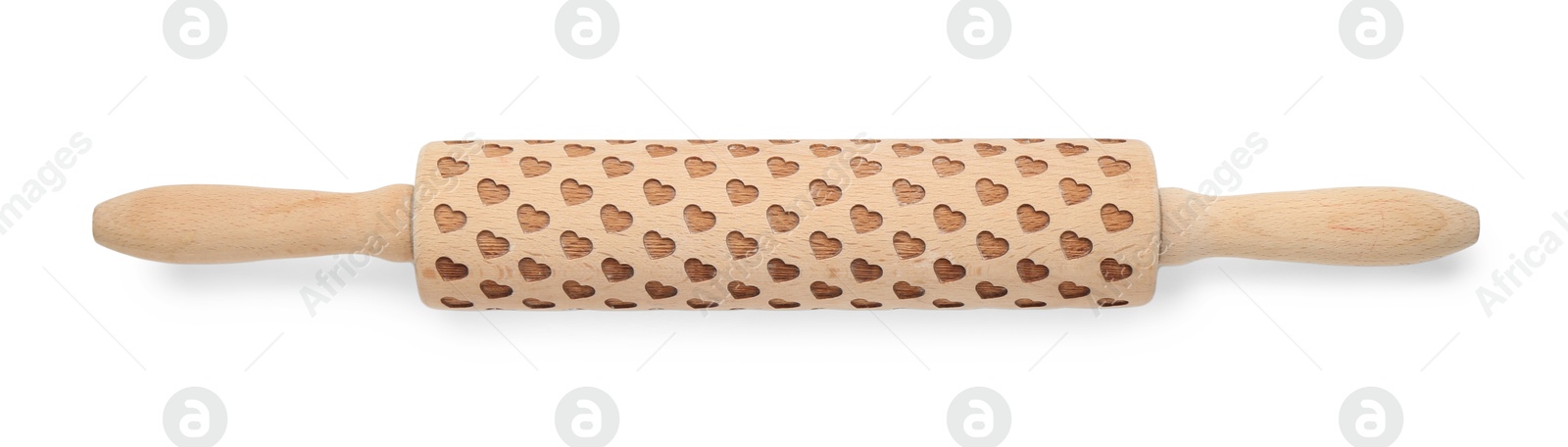 Photo of Wooden rolling pin isolated on white, top view