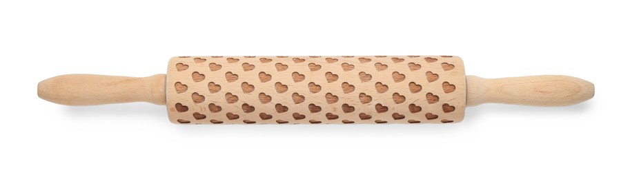 Photo of Wooden rolling pin isolated on white, top view