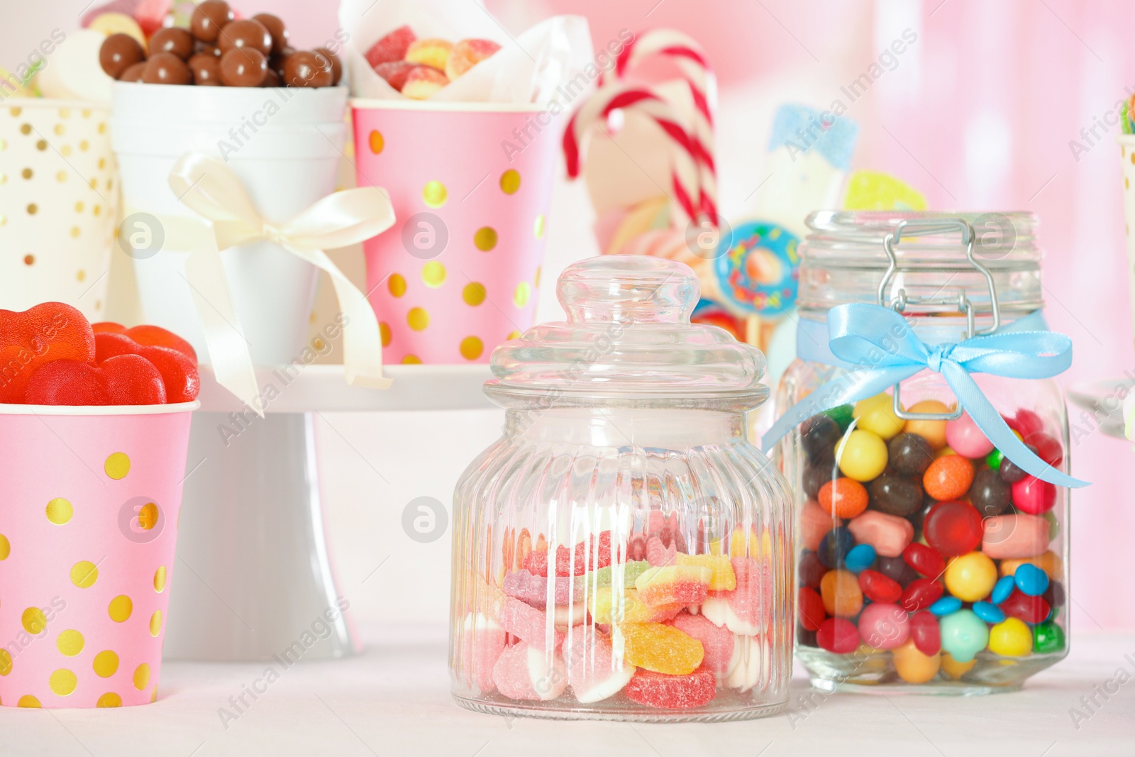 Photo of Candy bar. Many different sweets on table indoors