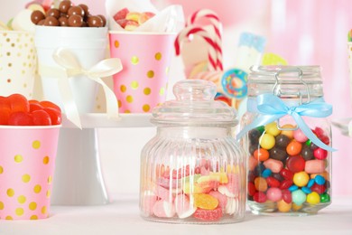 Photo of Candy bar. Many different sweets on table indoors