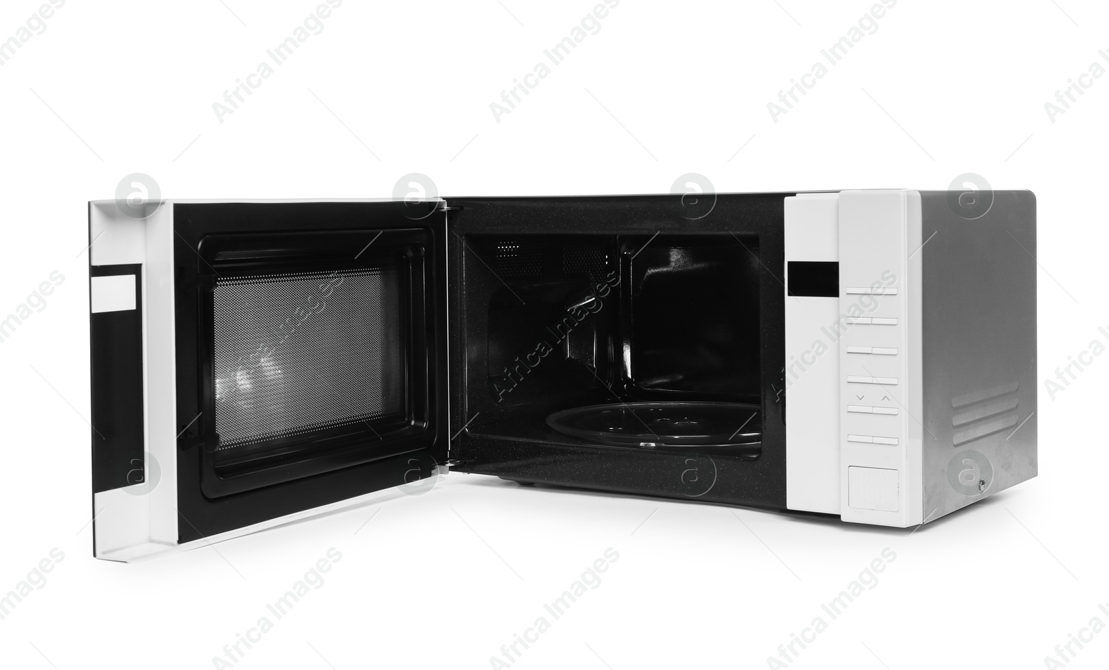 Photo of One open microwave oven isolated on white