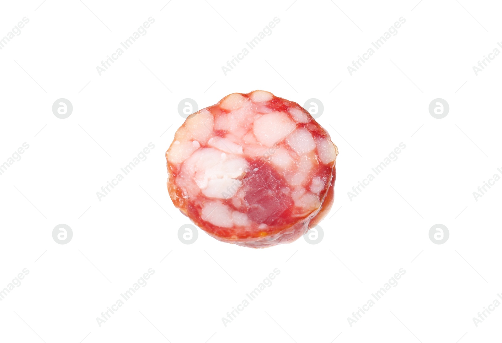 Photo of Piece of delicious dry cured sausage isolated on white