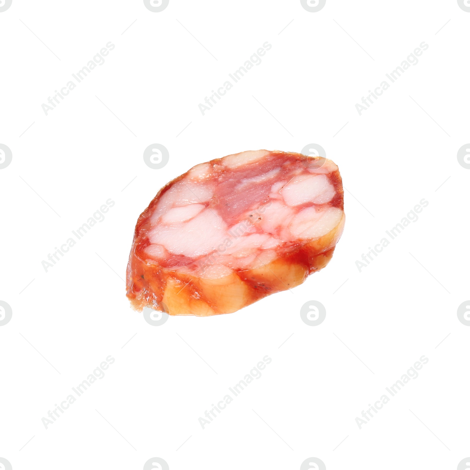 Photo of Piece of delicious dry cured sausage isolated on white