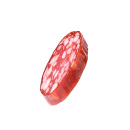 Photo of Piece of delicious dry cured sausage isolated on white