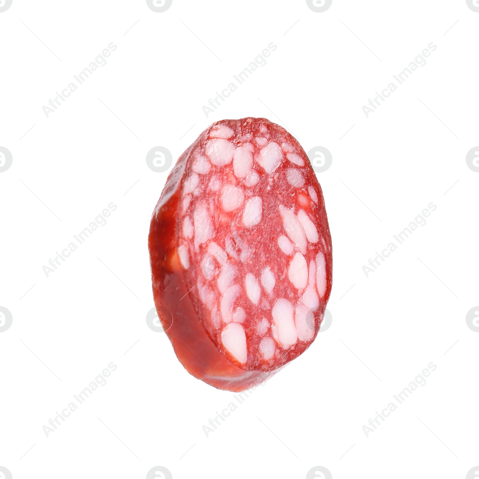 Photo of Piece of delicious dry cured sausage isolated on white