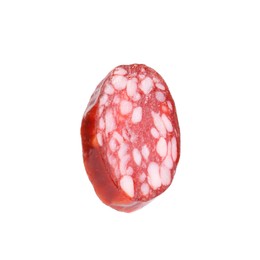 Photo of Piece of delicious dry cured sausage isolated on white