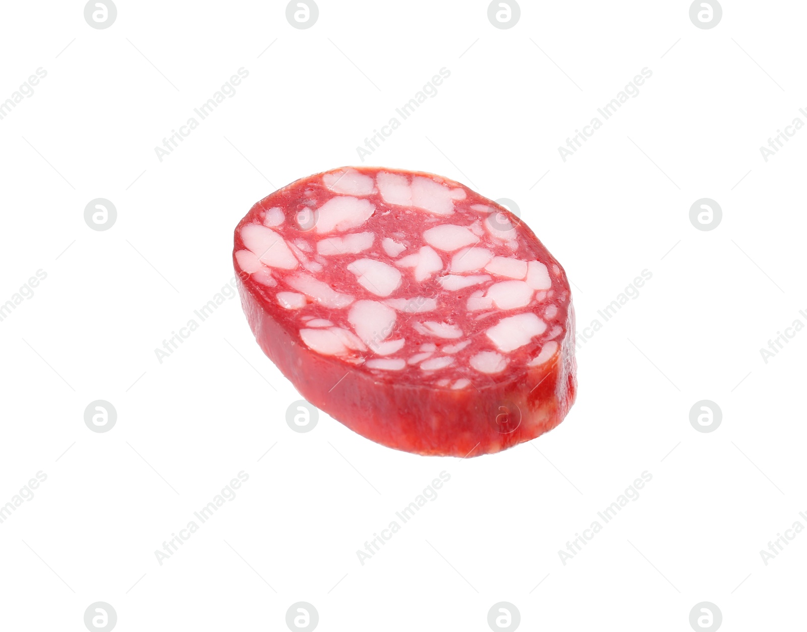 Photo of Piece of delicious dry cured sausage isolated on white