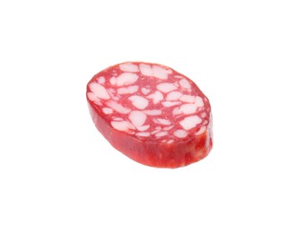 Photo of Piece of delicious dry cured sausage isolated on white