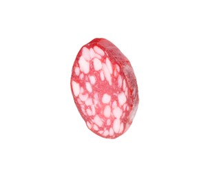 Photo of Piece of delicious dry cured sausage isolated on white